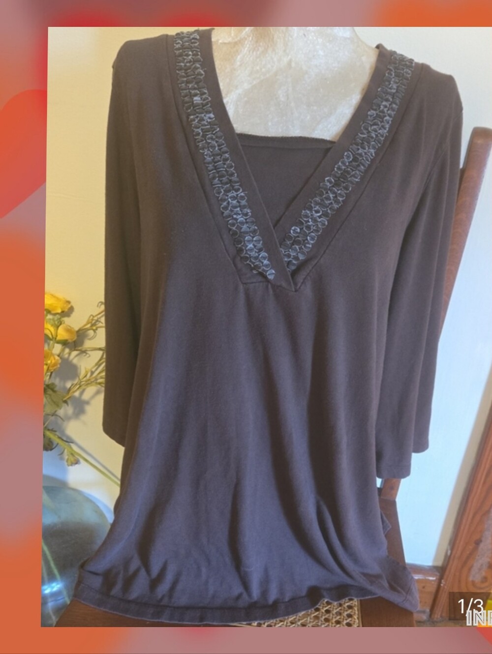 Studio Works Chocolate Brown V-Neck with Neckline Trim Size Xl